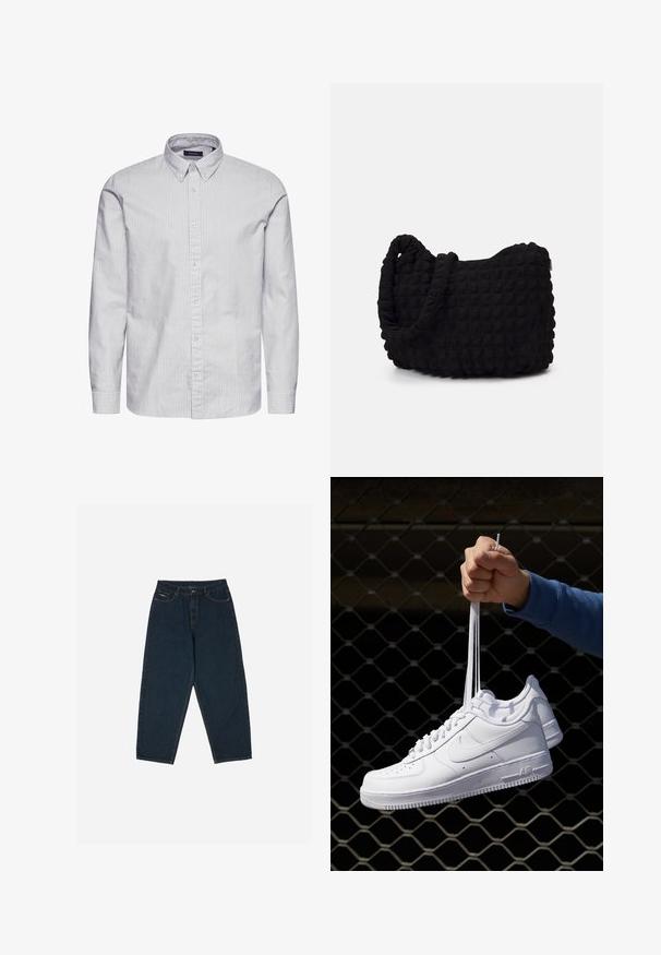 Matinique TROSTOL - Košile - morel; Tmavě modré džínové kalhoty s vysokým pasem a uvolněným střihem, které mají pět kapes a zapínání na knoflík. Vyrobeno z denimu s hladkým povrchem.; Bílé kožené tenisky s perforacemi, kulatou špičkou, plochou podrážkou a silnými tkaničkami, které mají viditelné logo swoosh a nápis "AIR" na patě.; Černá látková taška s texturovaným, prošívaným vzorem. Zaoblený tvar, krátké, silné uchy a měkká, flexibilní struktura.