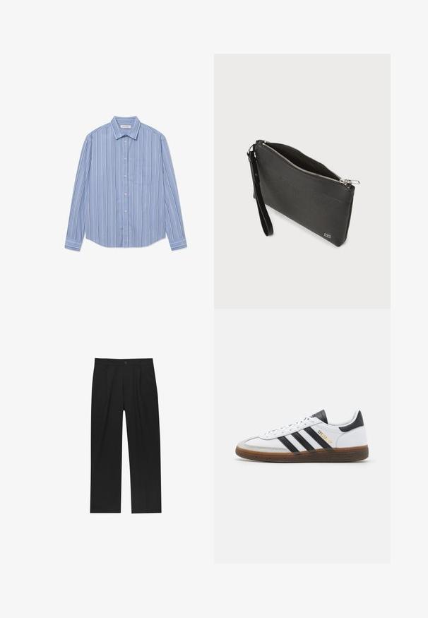 Chemise à manches longues boutonnée en bleu clair avec des rayures verticales. Dotée d'un col pointu et d'une poche poitrine. Fabriquée dans un tissu lisse.; Pantalons noirs au design droit, fabriqués à partir d'un tissu lisse. Dotés de plis sur le devant et d'une fermeture à un bouton à la taille.; Baskets en cuir blanc avec des accents en daim noir, trois rayures noires, semelle en caoutchouc beige et marque "SPEZIAL" en doré sur le côté.; Pochette noire en cuir texturé, avec des accents lisses, fermeture éclair sur le dessus et une bandoulière amovible. Design rectangulaire compact, avec un branding minimal.
