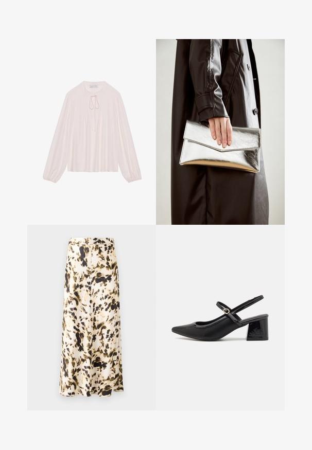 Helles rosa Langarmbluse mit einem Schlüssellochkragen, plissiertem Vorderteil und gerafften Manschetten. Glattes Material, lockere Passform und minimalistisches Design.; Ein knielanger Rock aus einem leichten Stoff mit einem beige-, braun- und grünfarbigen abstrakten Muster. Verfügt über einen enganliegenden Taillenbund und ein fließendes Design.; Schwarze Lackleder-Slingback-Absätze mit spitzer Zehenform, einem runden Ausschnitt-Design und einem Blockabsatz. Mit einem goldfarbenen Schnallenakzent.; Silberner metallischer Clutch mit einem eckigen Umschlagdesign, glatter Textur und kontrastierender Innenfarbe, gehalten in einer Hand, die einen schwarzen Mantel trägt.