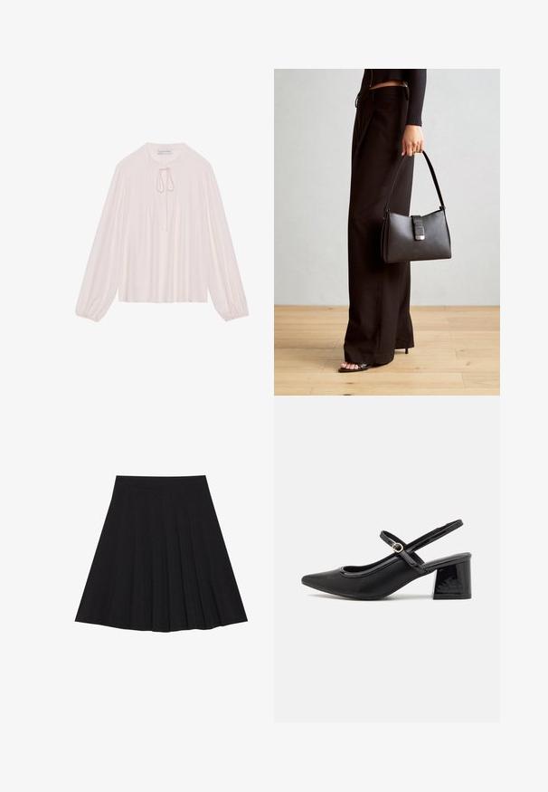 Šviesiai rožinė ilgomis rankovėmis bliusonė su durimi kaklo raiščiu, plisuotu priekiu ir surinktomis rankovėmis. Sklandus audinys, laisvas kirpimas ir minimalizmo dizainas.; Juoda plisėta sijonas, pagamintas iš tekstūruotos medžiagos su prigludusia juosmens juosta. Siekia kelių ilgį, turi sklandžią, švarią siluetą.; Juodi patentinio odos slingback aukštakulniai su smailiu pirštu, apvaliu išpjovimu ir blokiniu kulnu. Papuošti auksiniu juostos akcentu.; Juodas rankinė struktūrizuota forma, lygi tekstūra ir metalinis užsegimas. Suporuota su plačiomis juodomis kelnėmis ir atvirais bateliais ant medinių grindų.