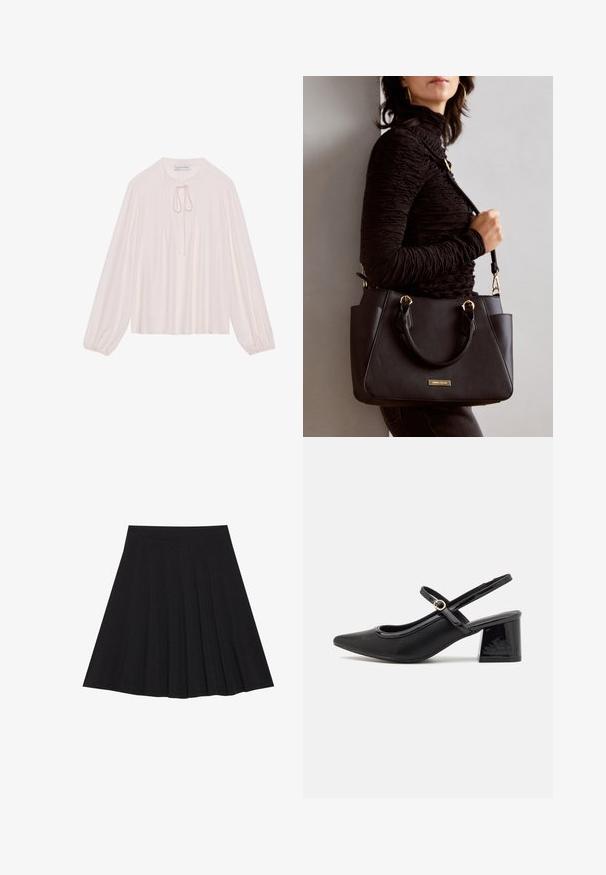 Blusa a maniche lunghe rosa chiaro con scollo a chiave, fiocco al collo, parte anteriore plissettata e polsini arricciati. Tessuto liscio, vestibilità comoda e design minimalista.; Gonna nera plissettata realizzata in tessuto strutturato con una vita aderente. Cade all'altezza del ginocchio, presentando una silhouette liscia e pulita.; Décolleté in vernice nera con cinturino dietro, punta affusolata, design con ritagli arrotondati e tacco a blocco. Presenta un accento di fibbia tono oro.; Borsa nera con superficie texturizzata, manici superiori doppi e tracolla regolabile. Dotata di hardware color oro e tasche laterali.
