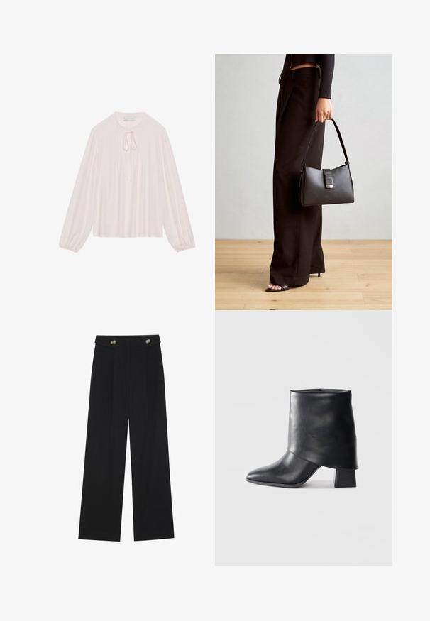 Blusa rosa claro de mangas longas com decote em forma de buraco e fita, frente plissada e punhos gathered. Tecido suave, corte descontraído e design minimalista.; Calças largas pretas com cintura alta, detalhes em botão na cintura e pregas frontais.; Bota de tornozelo em couro preto com bico afilado, textura suave e um salto bloco estruturado. Apresenta um design de cano alto e dobrado.; Bolsa preta com forma estruturada, textura suave e um fecho metálico. Combinada com calças largas pretas e sandálias de salto aberto sobre um chão de madeira.