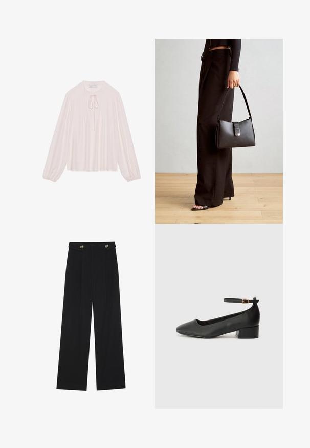 Kerge roosa pikakä sleeves blouse, millel on uksekujulise kaela lips, plekitud eesmine osa ja gathered cuffs. Sile kangas, mugav lõige ja minimalistlik disain.; Mustad laiad püksid kõrge vöökoha ja nööpdetailidega vööandil, esikortsudega.; Must mustaapp, millel on terav nina ja madal blokk-kand. Omab pahkluu rihma koos kuldse tooni pandlaga. Sile tekstuur.; Must musta kott, millel on struktureeritud kuju, sile tekstuur ja metallist klamber. Kombineeritud laiate mustade pükstega ja avatud varvaste sandaalidega puidust põrandal.