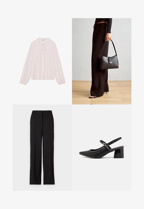 Lyserød bluse med lange ærmer, nøglehul-krave, plisseret front og samlede manchetter. Glat stof, afslappet pasform og minimalistisk design.; Sorte bukser med en lige ben design, der har to forreste folder, en talje og ingen synlige lommer eller dekorative elementer.; Sorte patentlæder slingback hæle med spids tå, rund udskæring og blokhæl. Har en guldtonet spændeaccents.; Sort håndtaske med struktureret form, glat overflade og metalspænde. Sammen med brede sorte bukser og sandaler med åben tå på trægulv.