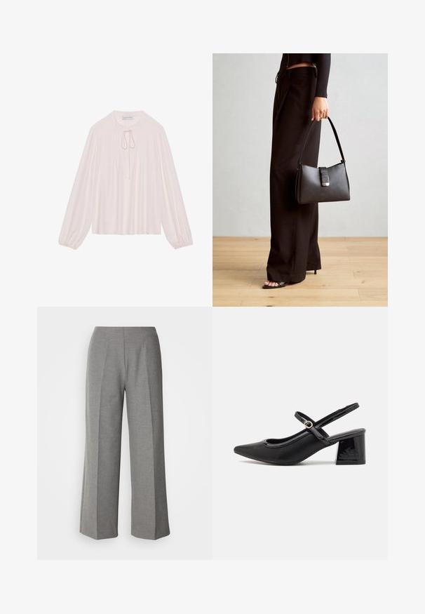 Light pink long-sleeve blouse with a keyhole neck tie, pleated front, and gathered cuffs. Smooth fabric, relaxed fit, and minimalistic design.; Gray tailored wide-leg pants with a smooth texture, featuring a flat front and crisp crease lines on each leg.; Black patent leather slingback heels with a pointed toe, a rounded cutout design, and a block heel. Features a gold-tone buckle accent.; Black handbag with structured shape, smooth texture, and a metallic clasp. Paired with wide black pants and open-toe sandals on wooden floor.