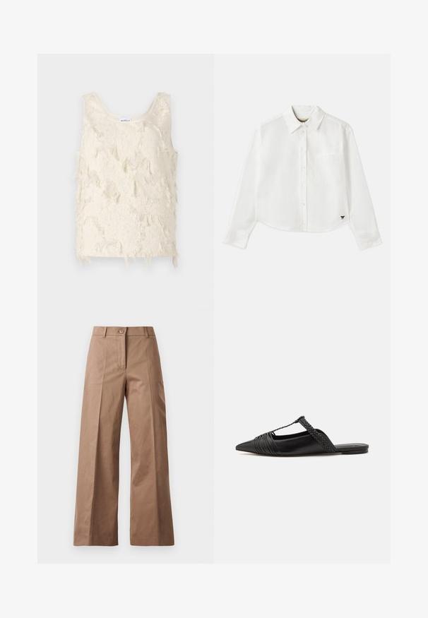 Hihaton, kermavärinen toppi, jossa on teksturoitu, fringed-kuvio ja sileät reunat. Kaula-aukon merkinnässä lukee "Marella."; Valkoinen lyhytcroppinen pitkähihainen paita, joka on valmistettu puuvillasta. Siinä on nappisuljenta edessä, rintatasku ja pieni musta logo vasemmassa alakulmassa.; Ruske leve-legged hlače iz gladkega materiala, z sprednjim gumbom, dvema sprednjima žepoma in čistimi, krojenimi linijami.; Musta nahkasandaali, jossa on terävä kärki, somistettuna kudotulla yksityiskohdalla ja pleatatuilla yläosilla. Litteä pohja, jossa on vähäisiä tarvikkeita.