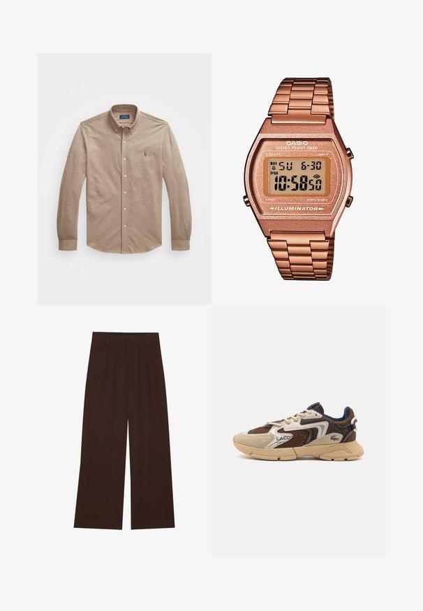 Gaiši brūna garām piedurknēm saspraužamā krekls ar pogu priekšpusi, ar nelielu izšūtu logo uz krūtīm un gludu auduma tekstūru.; YOURTURN UNISEX 3 PACK BASIC OVERSIZED T-SHIRT - Pamata T-krekls - dark brown/off-white/dark grey; Brūni plaša kāju bikses ar krokām. Izgatavotas no gluda auduma, ar pielāgotu jostas vidi un sānu kabatām. Lietus piegriezums apakšā.; Beige un brūni sneakeri ar teksturētām režģu paneļiem, zamšādas akcentiem un gumijas zoli. Iezīmes auklu dizains un zīmola detaļas.; Digitālais Casio pulkstenis ar rozā zelta metāla siksniņu, taisnstūra korpusu, apgaismotu displeju un ūdensizturību, kas attēlo laiku un datumu.