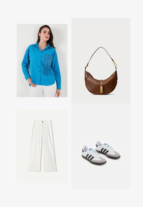 Blue textured button-up shirt with a lace pocket featuring bead trim. Long sleeves and a collar complete the design.; White wide-leg trousers made of smooth fabric, featuring a front button closure and pleated details. Flat front design, no pockets visible.; Sport shoes with a white leather upper, gray suede toe, and three black stripes. Features a blue logo on the tongue and a textured rubber sole.; Brown leather shoulder bag with curved shape, gold hardware, top clasp detail, and a logo accent. Smooth texture with stitched edges.