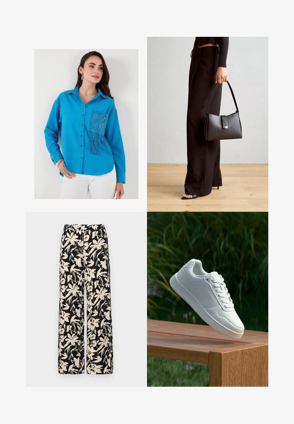Modra teksturirana srajca z gumbki z čipkastim žepom, ki ima okrasno obrobo iz perlic. Dolgi rokavi in ovratnik zaokrožujejo dizajn.; Črne široke hlače z kremnim cvetličnim vzorcem. Narejene so iz lahkega blaga, ki ima gladko teksturo in visok pas.; Bela teniska s gladkim sintetičnim zgornjim delom, perforiranim prednjim delom, ravnimi vezalkami in teksturiranim podplatom, prikazana na leseni površini.; Črna torbica z strukturirano obliko, gladko teksturo in kovinskim zaponko. Ujemajo se z širokimi črnimi hlačami in odprtimi sandali na lesenem tleh.