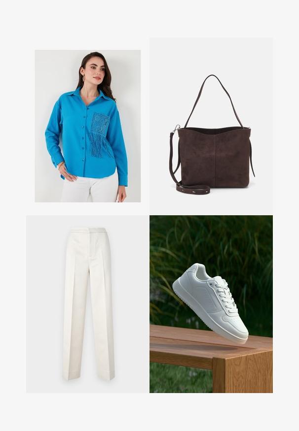 Modrá textúrovaná košeľa na gombíky s krajkovou kapsou a zdobením z korálkov. Dlhé rukávy a golier dopĺňajú dizajn.; Krémoé nohavice s prispôsobeným strihom, rovné nohavice, hladká tkanina, predné záhyby a čistý lem. Minimalistický dizajn.; Biele tenisky s hladkým syntetickým zvrškom, perforovanou špičkou, plochými šnúrkami a textúrovanou podrážkou, vystavené na drevenej ploche.; Hnedá semišová taška s mäkkou textúrou, vybavená jedným ramenným popruhom a jemne zakriveným horným otvorom. Bez viditeľných hardvérových detailov.