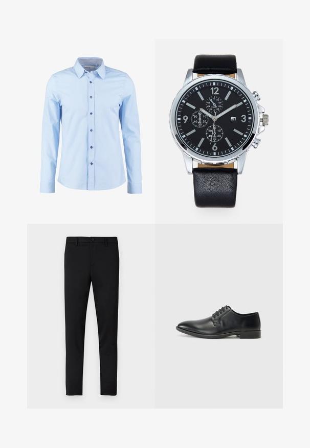 Camisa de manga larga azul claro con cuello abotonado, que presenta botones azul oscuro y un acabado de tela a cuadros en el interior del cuello.; Pantalones ajustados negros con una textura suave, cierre con botón, trabillas para cinturón y sin patrones o adornos visibles.; Zapatos de cuero negro con cordones, acabado liso, punta afilada y tacón bajo de bloque. Cuenta con cinco pares de ojales para los cordones.; Reloj con correa de piel negra y caja de acero inoxidable plateada. La esfera negra presenta marcadores de horas blancos, agujas plateadas y tres subesferas.