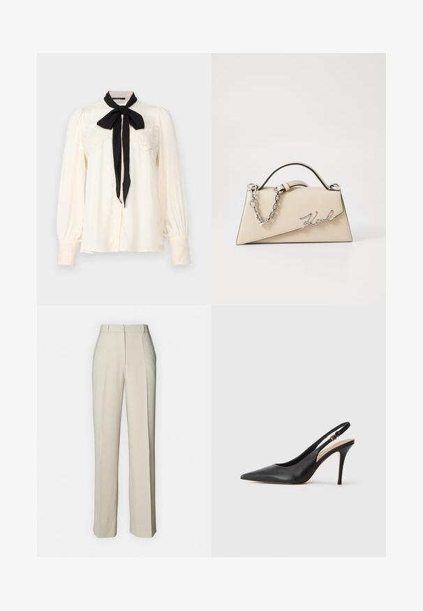 Slonovinová blůza s černou kravatou, se zdobením krajky na hrudi a jemnými akcenty na manžetách. Měkká, hladká látka, dlouhé rukávy.; Beige kalhoty na míru se rovný střih, přední sklady, plochý pas a hladká textura pro čistý vzhled.; Černá kožená slingback lodička na vysokém podpatku s špičatou špičkou, hladkým povrchem a jemným páskem se metalickou sponou.; Béžová kožená kabelka se strukturovaným trojúhelníkovým tvarem, se stříbrným řetízkem a kovovým logem psaným kurzívou.