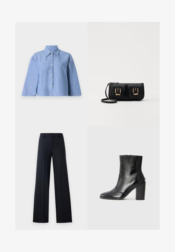 Gaiši zila, apgriezta krekla forma no lina, ar norādītu apkakli, pogu priekšpusi un trīs ceturtdaļu piedurknēm, kam ir gluda tekstūra.; Melni plaša kāju bikses. Pielāgota piegriezuma ar gludu tekstūru. Malu šuvēs ir rinda metālisku punktu kā dekorācija.; Melnas ādas potīšu zābaki ar gludu tekstūru, smailu purngalu un masīlu augstu papēdi. Iekļauts sānu atvērums un minimālistisks dizains.; Melnas ādas crossbody soma ar divām priekšējām kabatām, zelta sprādzēm, ar rāvējslēdzēju aizdari un šauru siksnu. Strukturēta virsma un kompakta taisnstūra forma.