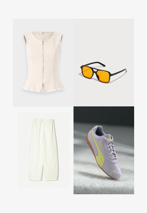 Beżowy bezrękawnik z okrągłym dekoltem, zamkiem błyskawicznym z przodu oraz postrzępionym wykończeniem. Lekko dopasowany fason z teksturowanej tkaniny.; Różowa, bezrękawnikowa bluzka z wysokim dekoltem, wykonana z gładkiego dzianinowego materiału. Posiada dopasowany fason i czyste krawędzie. Brak widocznych wzorów lub dodatków.; Szerokie spodnie w miękkim kremowym materiale, z gładką teksturą, przednimi kieszeniami oraz luźnym krojem z średnim stanem.; Jasnopurpurowe zamszowe sneakersy z żółtymi akcentami, teksturowanym bokiem, sznurowanym zamknięciem oraz gumową podeszwą. Logo Puma po boku.; Czarne prostokątne okulary przeciwsłoneczne z wyrazistymi pomarańczowymi soczewkami. Posiadają unikalny kształt mostka i smukłe ramiona, wykonane z lekkiego materiału.