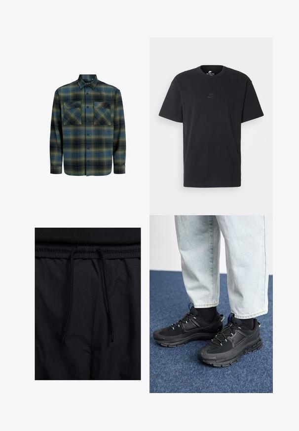 Camisa de franela en cuadros de verde oscuro y azul marino. Presenta un cuello abotonado, dos bolsillos en el pecho y mangas largas con puños abotonados.; Camiseta negra de algodón de Nike con un clásico cuello redondo, mangas cortas y un sutil logo en relieve en el pecho. Textura suave.; Pantalones cortos negros con cinturilla ajustable, tejido ligero con una textura suave y un diseño sencillo sin logotipos visibles ni patrones.; Zapatillas deportivas negras con tejido texturizado y suelas de goma, con cordones elásticos y un acento azul en el talón. Combinadas con pantalones de mezclilla claros.