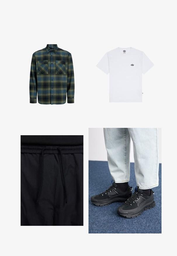 Flanelová košile v tmavě zelené a námořnické kostce. Má límec s knoflíčky, dvě náprsní kapsy a dlouhé rukávy s knoflíkovými manžetami.; Bílá bavlněná tričko s krátkým rukávem, s malým černým logem na hrudi a štítkem v levém dolním rohu.; Černé šortky s páskem na šňůrku, lehký materiál s hladkou texturou a jednoduchý design bez viditelných log nebo vzorů.; Černé sportovní boty s texturovanou tkaninou a gumovou podrážkou, s elastickými tkaničkami a modrým akcentem na patě. Nosí se s světlými džíny.