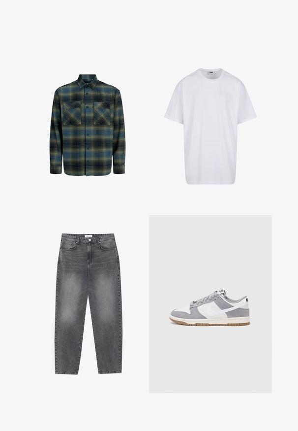 Flanellhemd in dunkelgrünem und marineblauem Karomuster. Verfügt über einen Button-Down-Kragen, zwei Brusttaschen und lange Ärmel mit Knopfmanschetten.; Weiße Baumwoll-T-Shirt mit kurzen Ärmeln, rundem Ausschnitt, lockerer Passform und ohne sichtbare Logos oder Muster. Glatte Textur und minimalistisches Design.; Hoch taillierte, locker sitzende Jeans aus verwaschenem schwarzem Denim. Verfügt über fünf Taschen, Gürtelschlaufen und ein sauberes, gerades Bein-Design.; Graue und weiße Sneaker mit einem Obermaterial aus Wildleder und Leder, abgerundeter Spitze, flachen Schnürsenkeln und einer Gummisohle mit einem Kautschukakzent.
