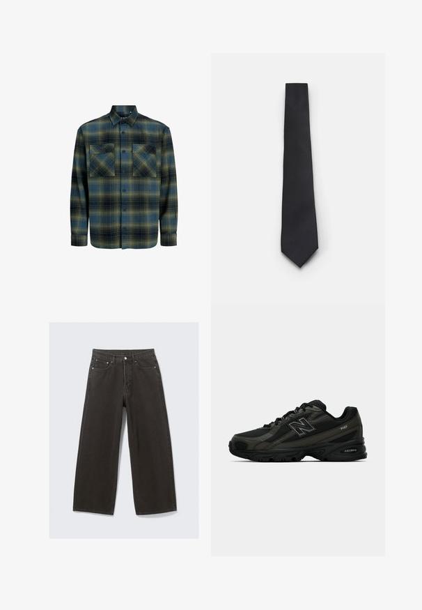 Koszula flanelowa w ciemnozieloną i granatową kratę. Posiada kołnierzyk zapinany na guziki, dwie kieszenie na piersi oraz długie rękawy z mankietami na guziki.; Biała bawełniana koszulka z krótkimi rękawami, okrągłym dekoltem i luźnym krojem. Gładka faktura, bez wzorów i akcentów.; Szerokie czarne dżinsy z wysokim stanem, pięcioma kieszeniami i zapięciem na guzik. Materiał ma miękkie, teksturowane wykończenie.; Czarne sportowe buty z teksturowanym syntetycznym wierzchem, z amortyzowaną podeszwą i wyraźnym logo "N" z boku. Wzór zawiera lekkie siatkowe sekcje.; Wąski czarny krawat z teksturowanym, ukośnym prążkowanym wzorem. Posiada spiczasty koniec i gładkie wykończenie. Odpowiedni na eleganckie okazje.