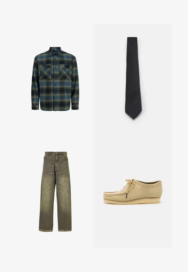 Flanellen shirt in donker groen en marineblauw ruitpatroon. Kenmerkt zich door een button-down kraag, twee borstzakken en lange mouwen met knoopmanchetten.; Wijde spijkerbroeken van olijfgroene denim, met gebogen naadaccenten, klassieke knoopsluiting en een vervaagde afwerking.; Beige suède schoen met een vetersluiting, gestikte details en een rubberen zool. De vorm is casual met een lichte sleehak.; Smalle zwarte stropdas met een gestructureerd, diagonaal ribbelpatroon. Beschikt over een spitse punt en een gladde afwerking. Geschikt voor formele kleding.