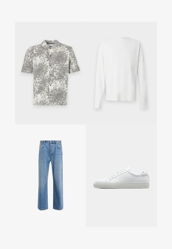 Korte mouwen overhemd met knopen en een zwart-wit abstract patroon. Voorzien van een kraag en knopen aan de voorkant, gemaakt van een lichtgewicht stof.; Witte katoenen blouse met lange mouwen en een ronde halslijn, met zijsplitten aan de onderkant en een gladde textuur, vanuit de achterkant weergegeven.; Lichtblauwe denim jeans met een straight-leg ontwerp, vijf zakken, knoopsluiting, minimale vervaging en contrasterende stikseldetails.; Witte sneaker met een gladlederen bovenwerk en een laag profiel. Voorzien van een ronde neus, zes vetergaatjes en een gestructureerde rubberen zool.