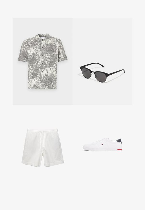 Koszula na krótki rękaw z guzikiem, z abstrakcyjnym czarno-białym wzorem. Posiada kołnierzyk i guziki z przodu, wykonana z lekkiego materiału.; Białe bawełniane szorty z elastycznym pasem w talii ze sznurkiem, bocznymi kieszeniami oraz prostym krojem z wykończonymi brzegami.; Białe niskie tenisówki wykonane z gładkiej skóry. Posiadają granatowy zapiętek i czerwony akcent na podeszwie. Sześć oczek na sznurowadła.; Czarne okulary przeciwsłoneczne z okrągłymi soczewkami, matowym wykończeniem i charakterystycznym kształtem kota. Smukłe ramiona z subtelnym logo na lewym skroniu.