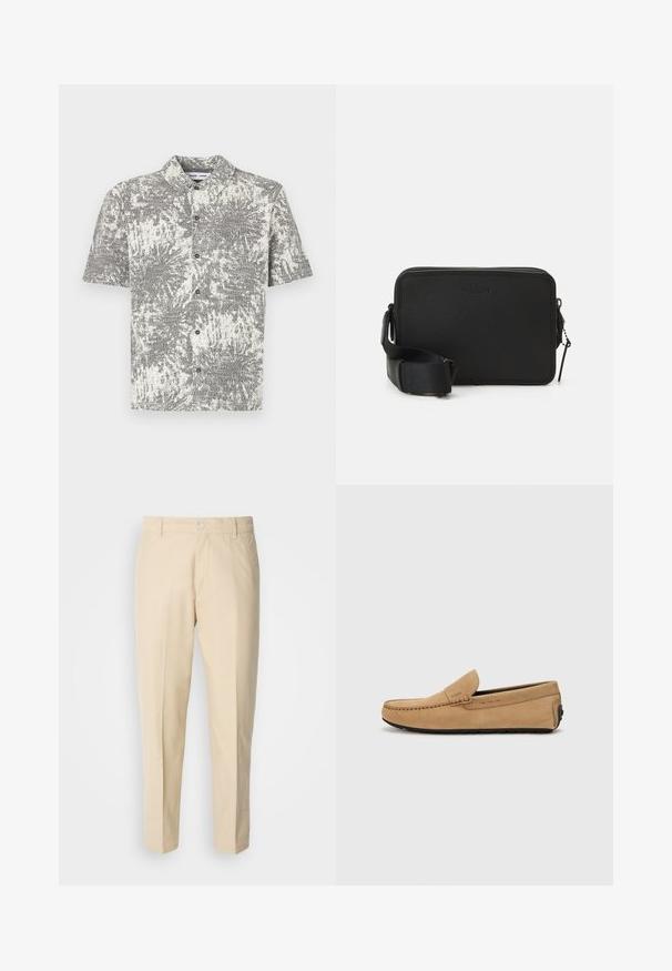 Košeľa s krátkym rukávom na gombíky s čiernobielym abstraktným vzorom. Má golier a predné gombíky, vyrobená z ľahkej látky.; Svetlo béžové chinos nohavice so strihom rovného nohavice, textúra tkaniny je hladká, s predným zapínaním na gombík a dvoma bočnými vreckami.; Béžová semišová mokasína s prešitým špikom, jednoduchým obutím a čiernou gumovou podrážkou. Obsahuje jemné logo na boku.; Čierna kožená crossbody taška s textúrovaným povrchom, obdĺžnikovým tvarom, vrchným zipsom a nastaviteľným popruhom. Obsahuje jemné brandingové prvky.