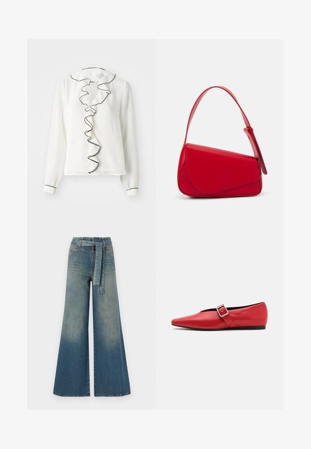 Bluză albă cu mânecă lungă, guler volă și plachetă conturată în negru. Textură moale, croială normală, manșete elastice.; Pantaloni din denim largi, cu un gradient de la albastru deschis la albastru închis, talie înaltă, bucle pentru curea și o curea din același material. Finisaj texturat din denim.; Pantof cu toc plat din piele roșie, cu vârful ascuțit, având o curea laterală cu cataramă metalică și un toc negru scăzut. Textură netedă pe toată suprafața.; Geantă de mână din piele roșie, cu un design unghiular și geometric. Dispune de o singură curea ajustabilă și un sistem de închidere cu clapetă, cu detalii cusute.