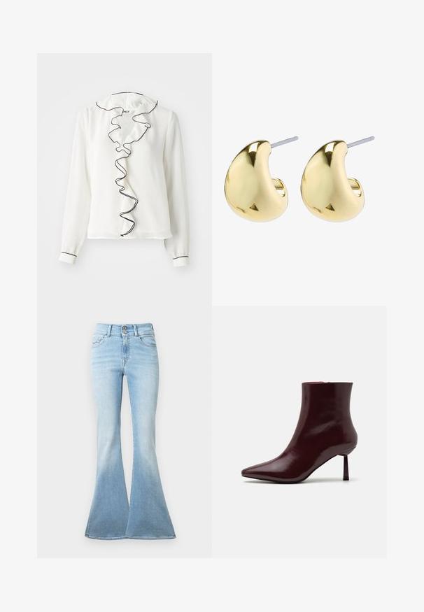 White long-sleeve blouse with a ruffled collar and placket outlined in black. Soft texture, regular fit, elastic cuffs.; Light blue flared jeans made of denim. Features a high waist with two buttons and slight fading towards the hem. Classic five-pocket design.; Burgundy patent leather ankle boot with a pointed toe and a slim stiletto heel, featuring a smooth, glossy texture and minimalistic design.; Gold-colored earrings with a smooth, rounded shape featuring a reflective surface and a post back for secure wear.