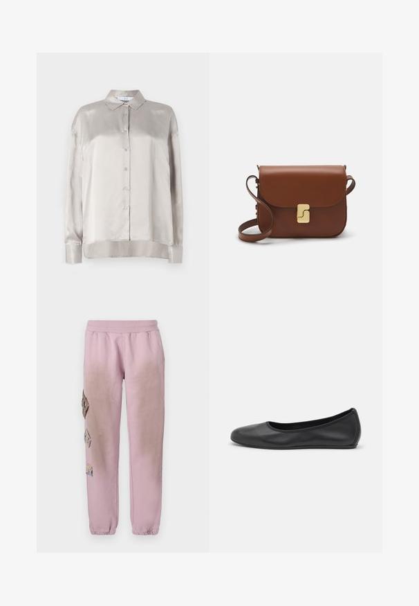 Light beige satin long-sleeve shirt with a button-down front, pointed collar, and slightly rounded hem. Smooth texture with subtle sheen.; Pink sweatpants with an elastic waistband, featuring decorative patches in diamond shapes on the left side and elastic cuffs at the ankles.; Black leather ballet flat with a rounded toe, smooth texture, minimal stitching detail, and a flexible sole design.; Brown leather handbag with a flap closure, gold-tone hardware, a shoulder strap, and a smooth texture. Compact rectangular shape.