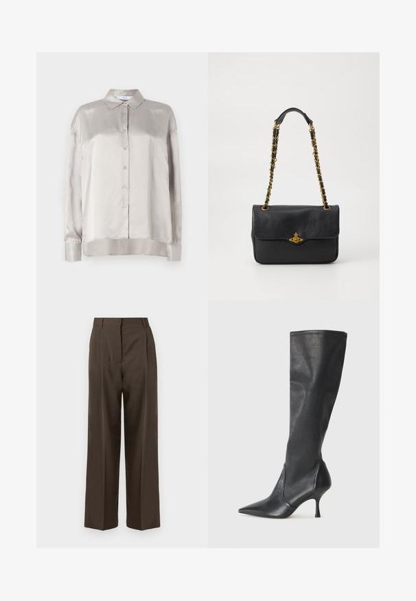 Camicia lunga in satin beige chiaro con maniche lunghe, colletto a punta e orlo leggermente arrotondato. Texture liscia con una sottile lucentezza.; Pantaloni larghi marroni con una superficie liscia, dotati di vita alta, pince frontali e un design sartoriale. Nessuna tasca visibile o decorazioni.; Stivali neri in pelle al ginocchio con punta affusolata e tacco a stiletto sottile. Texture liscia con design aderente e cuciture lungo il bordo superiore.; Borsa a tracolla nera in pelle con pattina pieghevole, tracolla in catena dorata e dettaglio con logo sul davanti. Texture liscia.