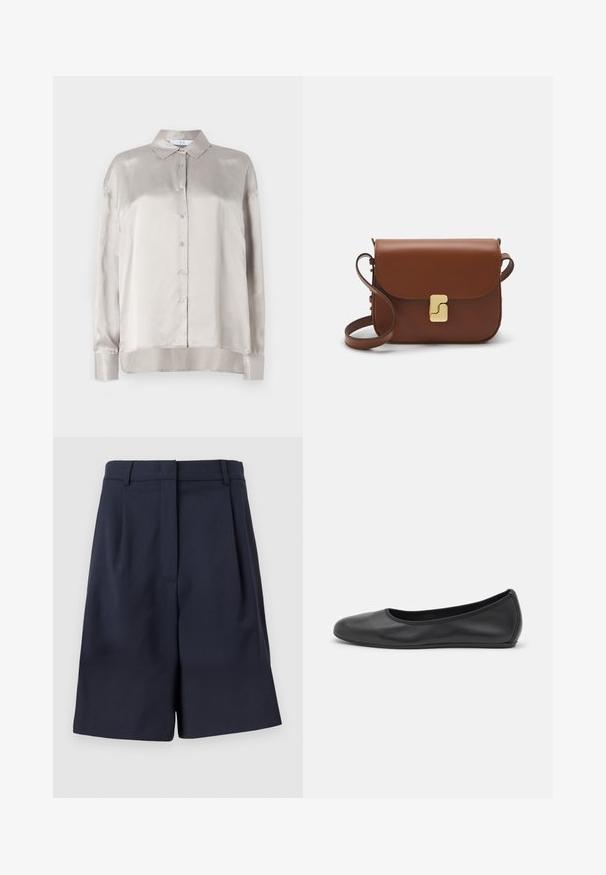 Világos bézs szatén hosszú ujjú ing gombos elülső résszel, hegyes gallérral és enyhén lekerekített aljjal. Simaságával és diszkrét fényével tűnik ki.; Sötétkék, testre szabott rövidnadrág, sima anyagból, magas derékkal, elöl pliszírozva, és oldalsó zsebekkel. Tiszta, jól definiált sziluett.; Fekete bőr balettcipő lekerekített orral, sima tekstúrával, minimális varrással és rugalmas talp kialakítással.; Barna bőr kézitáska, hajtókás zárással, arany színű fém kiegészítőkkel, vállpánttal és sima felülettel. Kompakt téglalap alakú.