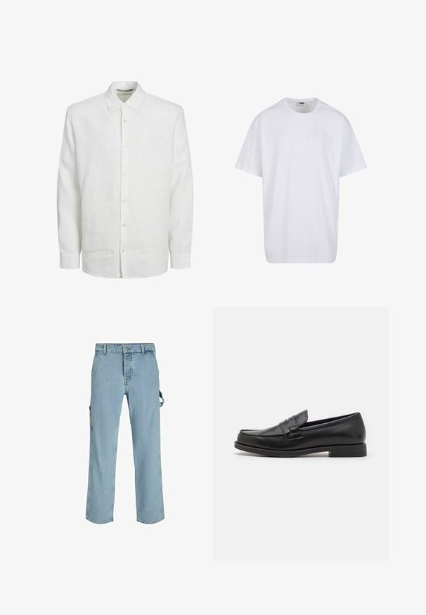 Biela košeľa s dlhým rukávom vyrobená z ľanu, s predným zapínaním na gombíky, klasickým golierom a jemnou štruktúrou. Rukávy sa končia pri zápästí s gombíkovými manžetami.; Biela bavlnená tričko s krátkymi rukávmi, okrúhlym výstrihom, uvoľneným strihom a žiadnymi viditeľnými logami alebo vzormi. Hladká textúra a minimálny dizajn.; Svetlomodré džíny cargo s voľným strihom, s bočnými slučkami na pripevnenie a prednými vreckami, s vyblednutou textúrou.; Čierne kožené mokasíny s elegantným dizajnom, zaoblenou špičkou, prešívaním a nízkym blokovým podpätkom. Hladký povrch a minimálne akcenty.