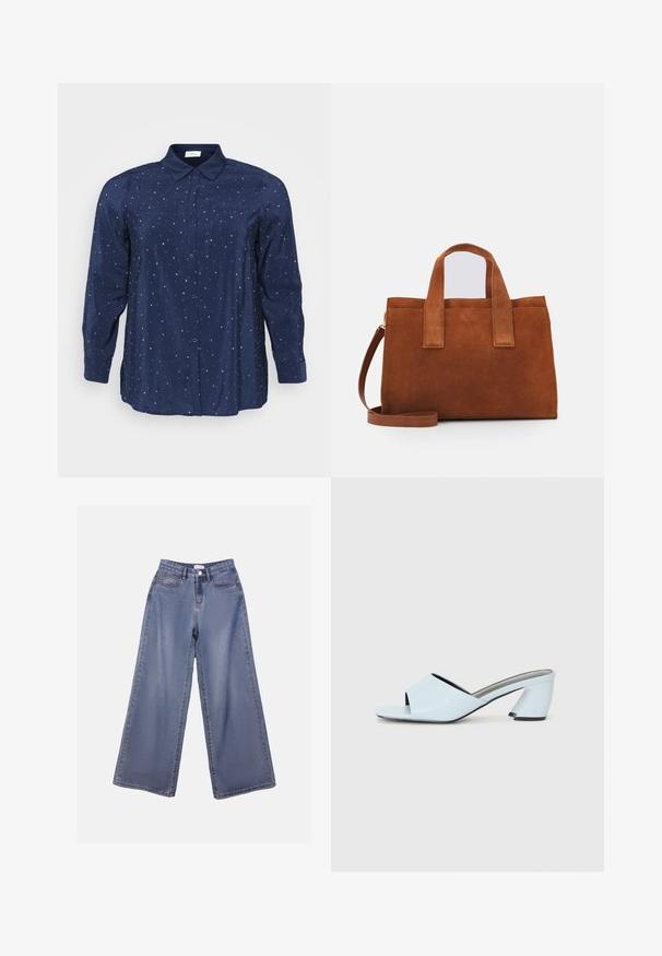 Navy blue blouse made of soft fabric, featuring a button-up front, collar, two chest pockets, and a star pattern with metallic accents.; Wide-leg denim jeans in a light blue wash, featuring a high waist, front pockets, and a button closure with belt loops.; Light blue open-toe heeled mules with a geometric design, featuring a wide strap across the foot and a chunky, angular heel.; Brown suede handbag with two top handles and an adjustable shoulder strap. Features a structured shape and minimalistic design.