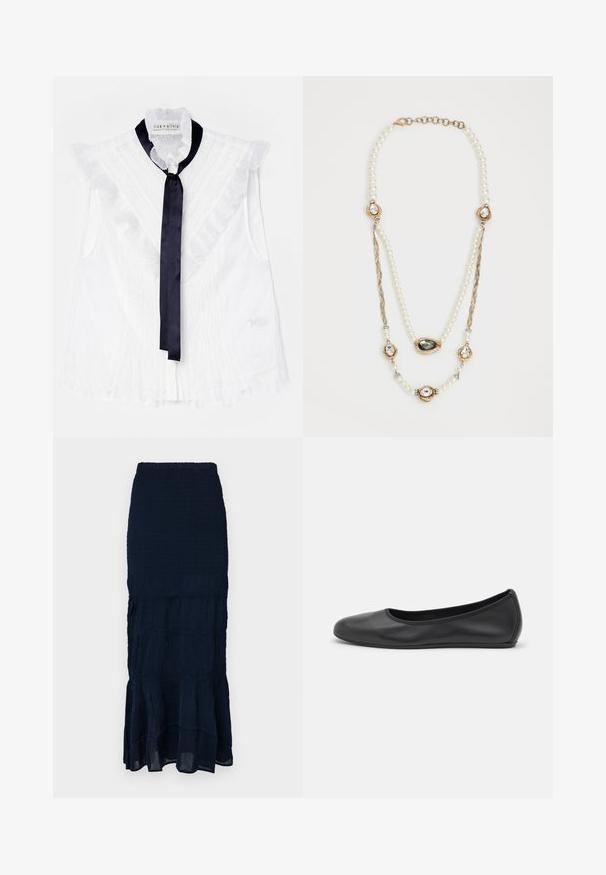 Blouse blanche sans manches avec des volants et un nœud en satin bleu foncé au cou. Tissu texturé avec un motif délicat.; Jupe midi bleu marine smockée avec un ourlet à volants en plusieurs niveaux et un tissu texturé. Taille élastique pour un ajustement réglable.; Ballerines en cuir noir avec un bout rond, texture lisse, détails de couture minimalistes et design de semelle flexible.; Collier de perles avec des accents en or, comprenant trois montures ornées de gemmes et une section en chaîne tressée. La palette de couleurs inclut le blanc et l'or.