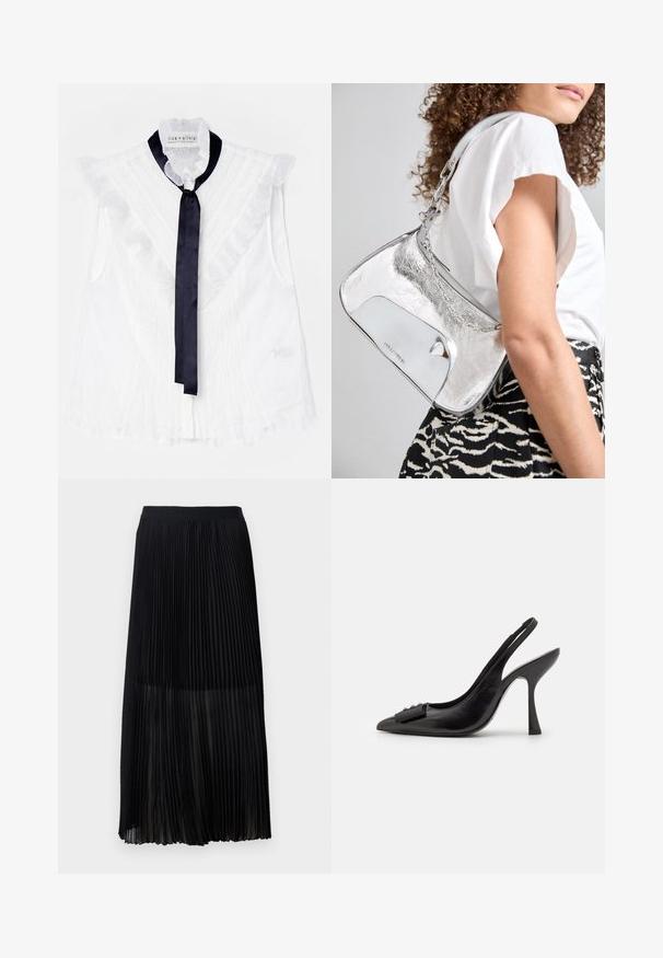 Blusa blanca sin mangas con detalles de volantes y un lazo de satén azul oscuro en el cuello. Tela texturizada con un patrón delicado.; Falda midi plisada negra con una cinturilla elástica suave y una superposición transparente, que presenta finos pliegues verticales a lo largo de la tela.; Zapato slingback de piel negra con punta afilada, tacón alto delgado y un lazo decorativo. Textura suave y diseño elegante.; Bolso de hombro metálico plateado con una textura suave, diseño curvado, correa de cadena y un panel frontal pulido que presenta un sutil grabado de logo.; Pendientes de plata con un diseño en espiral y fluido. Textura suave con un acabado pulido. Presenta un brillo sutil y no tiene adornos visibles.