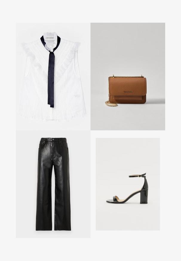 Bluză albă fără mâneci, cu detalii volăne și o cravată din satin de culoare albastru închis la gât. Material texturat cu un model delicat.; Pantaloni negri din piele cu croială largă, cu finisaj lucios, prevăzuți cu buzunare frontale, fermoar și închidere cu nasture. Textură netedă pe toată suprafața.; Sandal cu toc lat din piele lacuită neagră, cu vârf deschis și curea pentru gleznă, având o cataramă aurie. Textură netedă și design elegant.; Geantă crossbody din piele texturată maro, cu curea din lanț aurit și închidere cu clapetă. Partea din față prezintă detalii cu logo și o buzunar sub clapetă.