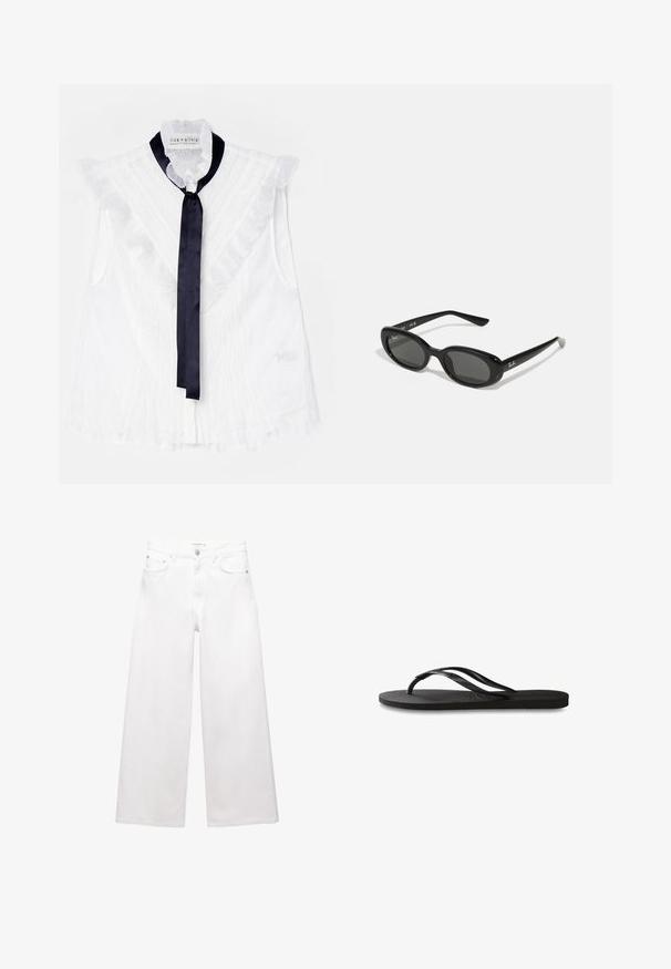 Biała bluzka bez rękawów z falbaniastymi detalami i ciemnoniebieską satynową kokardą przy szyi. Teksturowany materiał z delikatnym wzorem.; Białe dżinsy o szerokich nogawkach wykonane z bawełny, z wysokim stanem, pięcioma kieszeniami oraz mosiężnymi detalami. Gładka, nieprzetarta faktura.; Czarne klapki z teksturowaną gumową podeszwą, dwiema smukłymi paskami oraz subtelnym, wytłoczonym logo na pasku.; Czarne okulary przeciwsłoneczne z owalnymi soczewkami, błyszcząca plastikowa oprawa i smukłe zauszniki. Posiadają białe logo Ray-Ban po boku.
