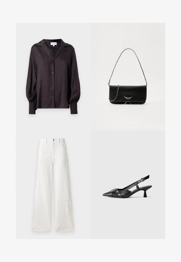 Blusa preta em satin com um subtil padrão animal, fecho de botões e corte solto. Apresenta mangas volumosas e detalhes franzidos nos punhos.; Calças de ganga brancas de perna larga com padrões de bordado lateral e design tradicional de cinco bolsos. Fecho com zíper e botão.; Sapato slingback em couro preto com biqueira fina, tiras decorativas com ilhós de metal e um pequeno salto quadrado. Superfície texturizada.; Saco de couro preto com uma alça de corrente prateada, apresentando ornamentos em forma de asas e costura branca ao longo da costura inferior.