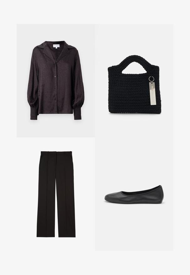 Svart satinbluse med en subtil dyreprint, knappestenging og løs passform. Har puffede ermer og smokkedetaljer ved mansjettene.; Sorte skreddersydde bukser laget av et glatt stoff, med rett ben-design og to sidelommer. Elegant og minimalistisk konstruksjon.; Svart skinnballettflatt med rund tå, glatt tekstur, minimal sømdetalj, og et fleksibelt såledesign.; Won Hundred MARSIELLE COMPUTER BAG UNISEX - Dataveske - black