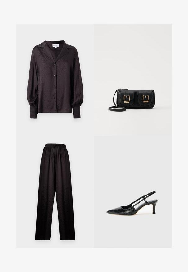 Blusa nera in satin con un sottile motivo animalier, chiusura con bottoni e vestibilità ampia. Presenta maniche a sbuffo e dettagli smock ai polsini.; Pantaloni neri a gamba larga con vita elasticizzata e una sottile trama a stampa leopardata, caratterizzati da un laccio regolabile sul davanti.; Slingback con tacco in vernice nera con punta affusolata, caratterizzato da una stampa a serpente testurizzata, cinturino regolabile e un tacco corto e testurizzato.; Borsa a tracolla nera in pelle con due tasche frontali, fibbie dorate, chiusura con zip e una tracolla sottile. Superficie texturizzata e forma rettangolare compatta.