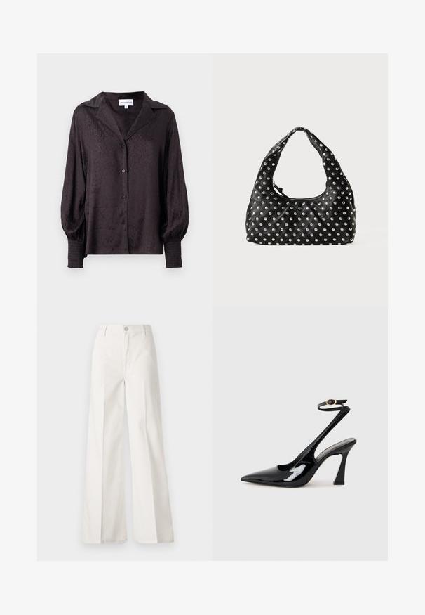 Mustard satin blouse, milleudega loomamustriga, nööpide kinnitusega ja vabalt langev. Ominib puffhuppud ja smockitud detailid varrukaotsades.; Valged laiade jalgadega püksid, mis on valmistatud siledast puuvillast. Omab esitallist ning lukuga sulgemist ja nelja tasku disaini.; Mustad läikivad patendiga slingback-kõrged kontsad, millel on terav põlv ja reguleeritav pahkluu rihm, ning mõõdukas plokknukk. Sile tekstuur läikiva viimistlusega.; Must must kott, millel on kaarekujuline käepide ja mille pinnal on ühtlaselt jaotatud metallist nupud. Tõmbluku sulgemine.