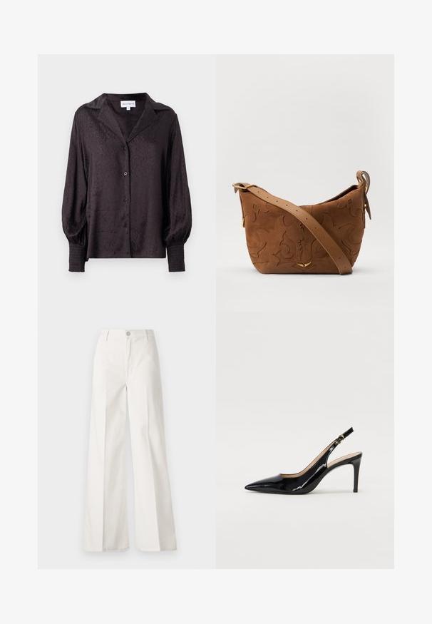 Sort satinbluse med en subtil dyreprint, knaplukning og løs pasform. Har puffede ærmer og smockdetaljer ved manchetten.; Hvide vidde bukser lavet af bomuld med en glat tekstur. Har en frontknap, lynlås, og fire-lomme design.; Sort patenteret læder slingback stiletto med spids tå, slank hæl og et subtilt udskæringsdesign. Har en gylden spænde på remmen.; Brun ruskinds skuldertaske med prægede blomsterdesign, suppleret af en glat brun læderrem og akcenter i guldfarvet metal.