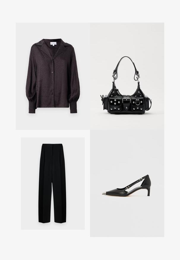 Fekete selyem blúz finom állatmintázattal, gombos záródással és laza fazonnal. Pufik ujjakkal és ráncolt részletekkel a mandzsettán.; Fekete, széles szárú nadrág magas derékkal, redők és sima textúra jellemzi. Az anyag könnyűnek tűnik és elegánsan hullámzik.; Fekete bőrből készült kismagassarkú, hegyes ezüst orrkupakkal és dupla csatos pántokkal, fehér háttéren.; Fekete bőr kézitáska ívelt designnal, ezüst szegecsekkel, csattal és két oldalsó zsebbel. Állítható vállpánt a hordozási lehetőségekhez.
