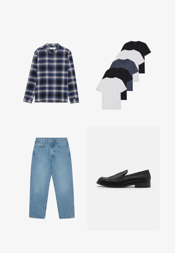Blauw en zwarte geruite blouse met lange mouwen, voorzien van een klassieke kraag en contrasterende lichtgekleurde ruiten. Knopen sluiting aan de voorkant.; Set van vijf t-shirts in zwart, wit en marineblauw. Katoenen stof, korte mouwen, ronde halsontwerp en een effen textuur zonder patronen.; Lichtblauwe denim wijde jeans met een hoge taille, voorzien van vijf zakken, riemlusjes en een zachte, licht vervaagde textuur.; Zwarte leren instappers met een gladde afwerking, ronde neus en een kleine decoratieve flap. Heeft een lage gestapelde hak en een subtiel merkteken.