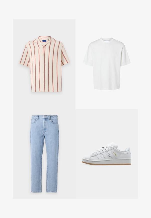 Camisa de manga corta abotonada en material crema con rayas verticales rojas, que presenta un cuello con muesca y cierre frontal de botones.; Camiseta blanca de algodón con mangas cortas, escote redondo y un corte relajado. Textura suave sin patrones o acentos visibles.; Vaqueros de mezclilla de color azul claro con un diseño de pierna recta, cinco bolsillos y cierre de botones. Textura suave con un acabado clásico descolorido.; Zapatilla blanca con diseño de tres rayas perforadas, acentos texturizados, suela de goma y el logo "CAMPUS" en dorado en el lateral.