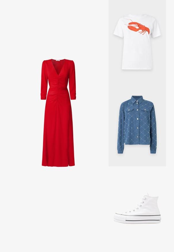 Jeansjacke mit Rautenmuster, hellblauer Farbe, metallischen Druckknöpfen, zwei Brusttaschen und strukturierten Akzenten aus kleinen weißen Perlen.; Weißes Baumwoll-T-Shirt mit einem großen, leuchtend roten Hummer-Design auf der Vorderseite. Mit kurzen Ärmeln und klassischem Rundhalsausschnitt.; Rotes Kleid mit V-Ausschnitt, 3/4-Ärmeln und Raffung an der Taille und am Rücken. Der Stoff wirkt glatt und leicht.; Weiße hochwertige Leinensneaker mit schwarzer Gummisohle, vorderem Gummizehenschutz und sechs Ösen für Schnürsenkel, die ein sauberes, minimalistisches Design aufweisen.; Rote Lederhandtasche mit einem kantigen, geometrischen Design. Verfügt über einen verstellbaren Schulterriemen und einen Klappenverschluss mit genähten Details.