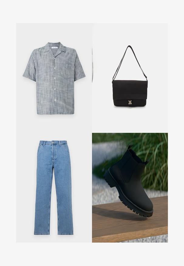 Vasaros trumpomis rankovėmis marškiniai šviesiai mėlynos ir baltos juostelėmis, pagaminti iš lengvos medžiagos, su apykakle ir krūtinės kišenėle.; Šviesiai mėlyni džinsai tiesia kojelė su klasikinio penkių kišenių dizainu, su priekiniu mygtuko užsegimu ir diržo kilpelėmis. Lygus paviršius.; Juodos kulkšninių botų, su lygia apdaila, elastingomis šoninėmis juostomis ir stora, tvirta padu. Sufokusuoti gamtos fone ant medinės dangos.; Juodas pranešėjo krepšys, pagamintas iš lygaus medžiagos, su užkloto dangčiu, sidabrine užsegimo aparatūra ir reguliuojama petneša.