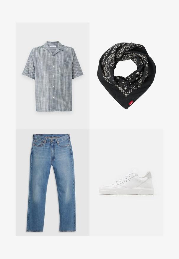 Rövid ujjú gombos ing világoskék és fehér csíkokkal, könnyű anyagból készült, gallérral és mellzsebbel.; Kék egyenes szárú farmernadrág elöl gombbal és cipzárral záródik, övhurkokkal és öt zsebes dizájnnal, fehér háttéren.; Fehér bőr sportcipő sima felülettel, kerek orral, lapos fűzőkkel és textúrált talppal. Szürke velúr díszítés a saroknál.; Levi's® PAISLEY BANDANA UNISEX - Selyemkendő - regular black
