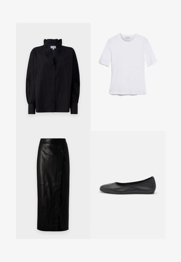 Juoda bluzonė su raukiniais ant apykaklės ir ilgomis pūstomis rankovėmis. Yra mygtukų užsegimas priekyje ir laisvas siluetas iš lygaus audinio.; Balta trumpa rankovėmis marškinėliai, pagaminti iš pasiruošusio audinio. Apvali iškirptė, reguliari tinkamumas ir subtilūs siuvimo detalės. Be raštų ar grafikos.; Juoda odinė midi sijonas su surišimo dizainu, turintis šoninius mygtukus, lygią tekstūrą ir tiesią siluetą.; Juodai odiniai baletai su apvaliu pirštu, lygi texture, minimalus siuvimo detales ir lanksčiu padų dizainu.