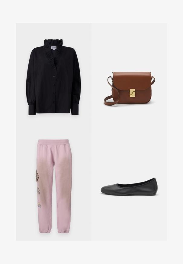 Schwarze Bluse mit rüschigem Kragen und langen, puffartigen Ärmeln. Verfügt über eine durchgehende Knopfleiste und einen lässigen Schnitt aus einem glatten Stoff.; Weißes kurzärmliges T-Shirt aus geripptem Stoff. Runder Halsausschnitt, normale Passform und dezente Nähte. Keine Muster oder Grafiken.; Rosa Sweatpants mit elastischem Bund, verziert mit dekorativen Patches in Diamantform auf der linken Seite und elastischen Bündchen an den Knöcheln.; Schwarze Leder-Ballettschuhe mit abgerundeter Spitze, glatter Textur, minimalen Nähdetails und einem flexiblen Sohlen-Design.; Braune Ledertasche mit Klappenverschluss, Beschlägen in Goldfarbe, einem Schultergurt und einer glatten Oberfläche. Kompakte rechteckige Form.